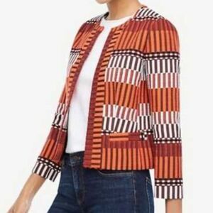 Ann Taylor Mala Stripe Tapestry Cotton Blend Jacket Blazer Orange Red sz 6 Tall